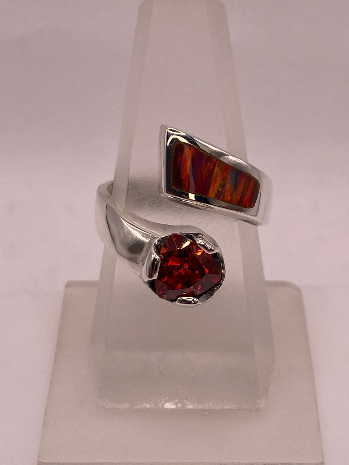 🧡 ANILLO DE PLATA .950 CON ZIRCONIA NARANJA Y ÓPALO DE FUEGO DISEÑO ABIERTO MODERNO