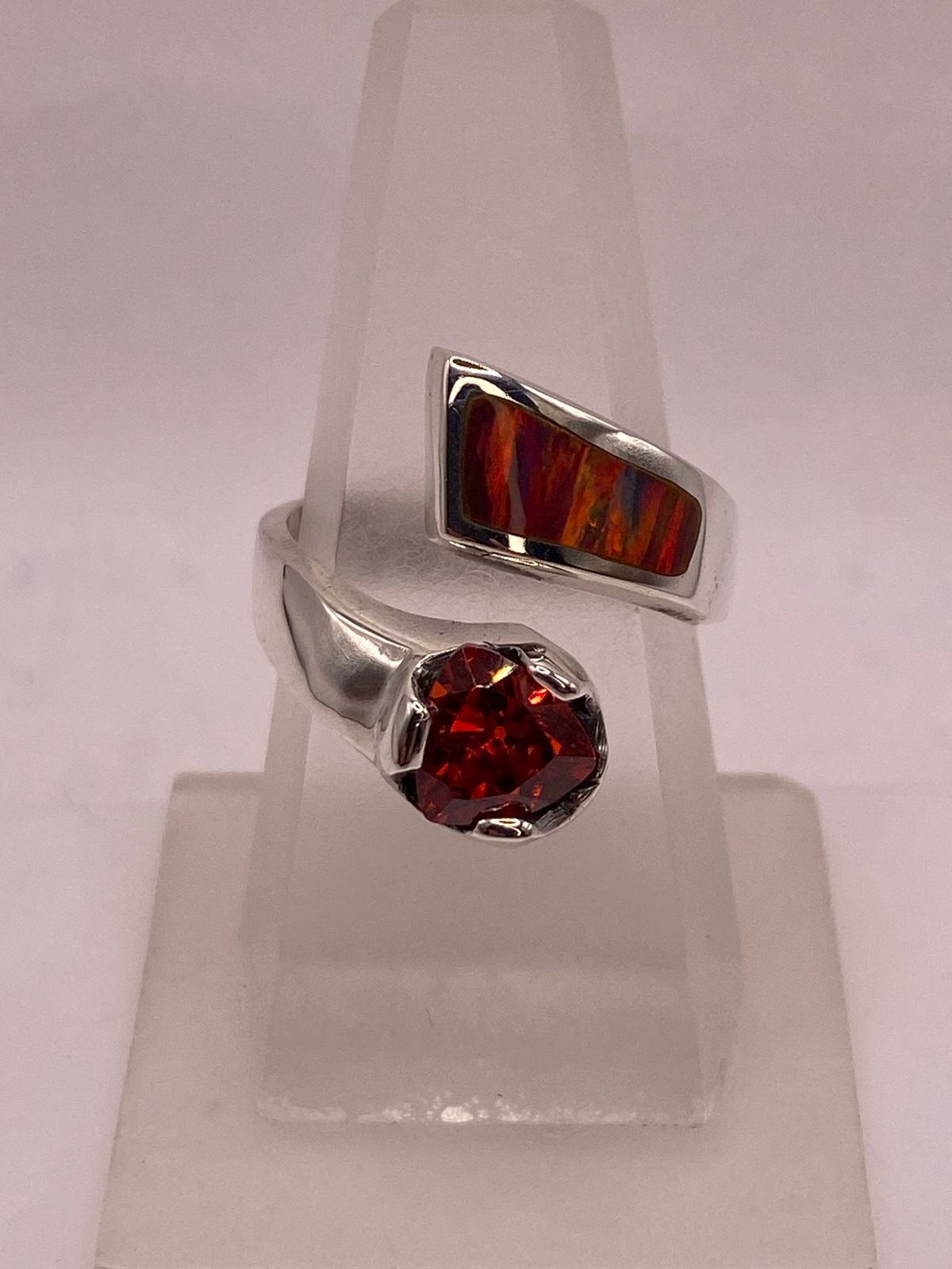 🧡 ANILLO DE PLATA .950 CON ZIRCONIA NARANJA Y ÓPALO DE FUEGO DISEÑO ABIERTO MODERNO