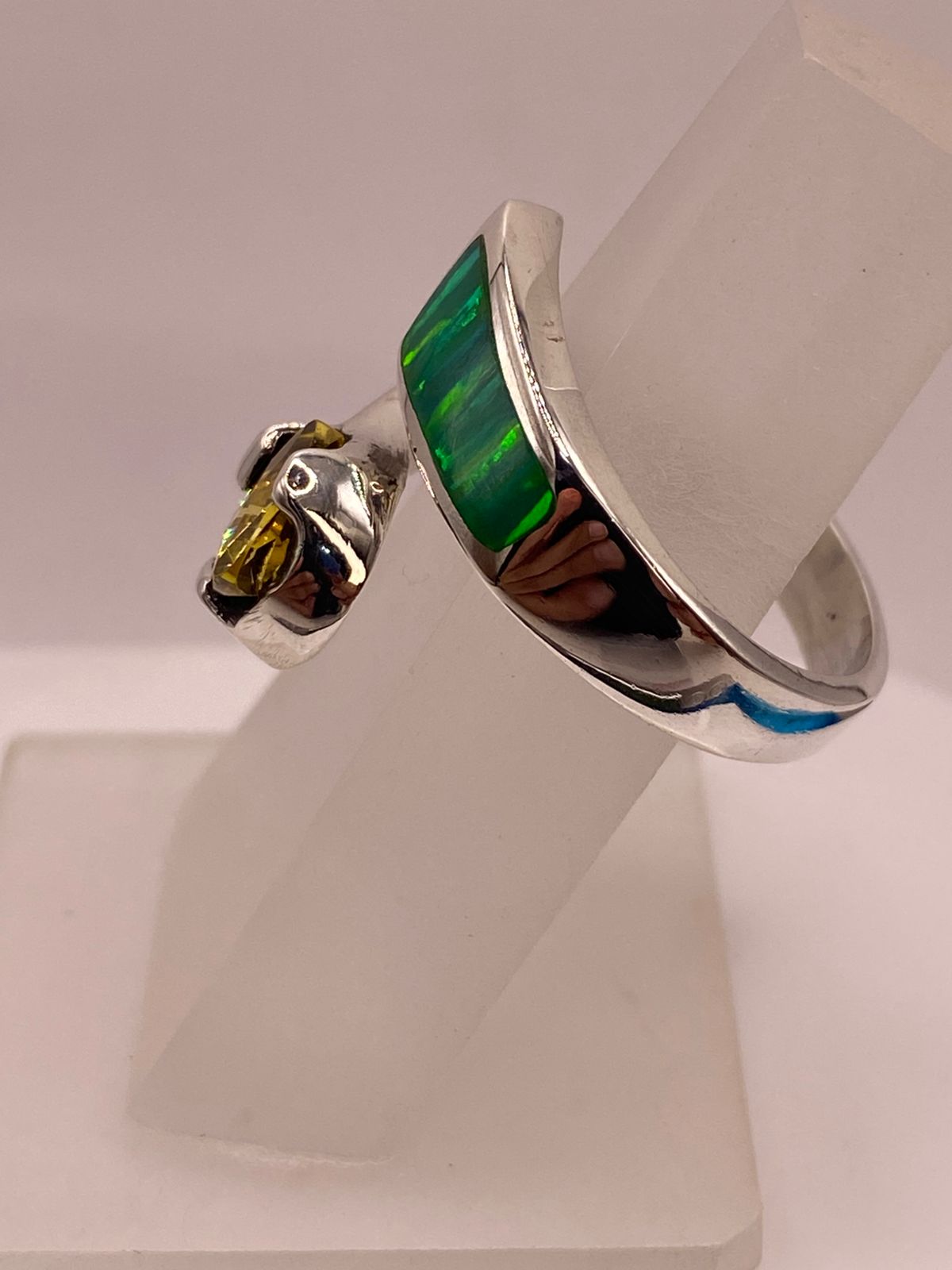 💚 ANILLO DE PLATA .950 CON ÓPALO VERDE Y ZIRCONIA AMARILLA DISEÑO MODERNO