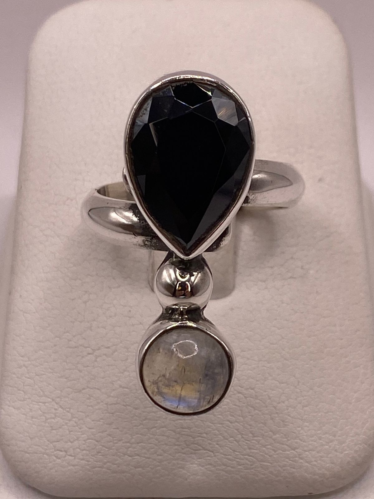 ANILLO DE PLATA LEY 925 CON OBSIDIANA Y PIEDRA LUNA