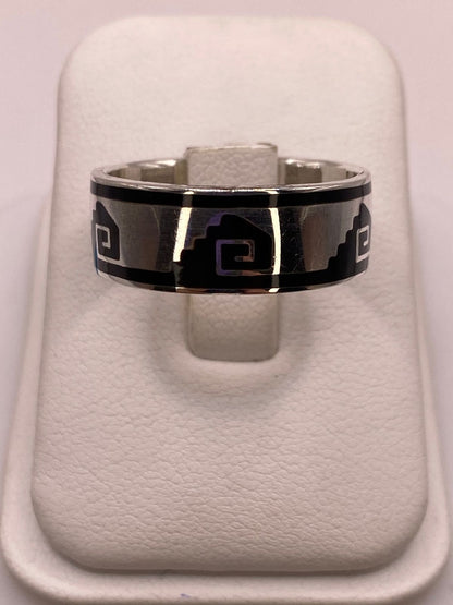 Anillo de Plata .925 con Obsidiana y Greca Prehispánica, vista lateral