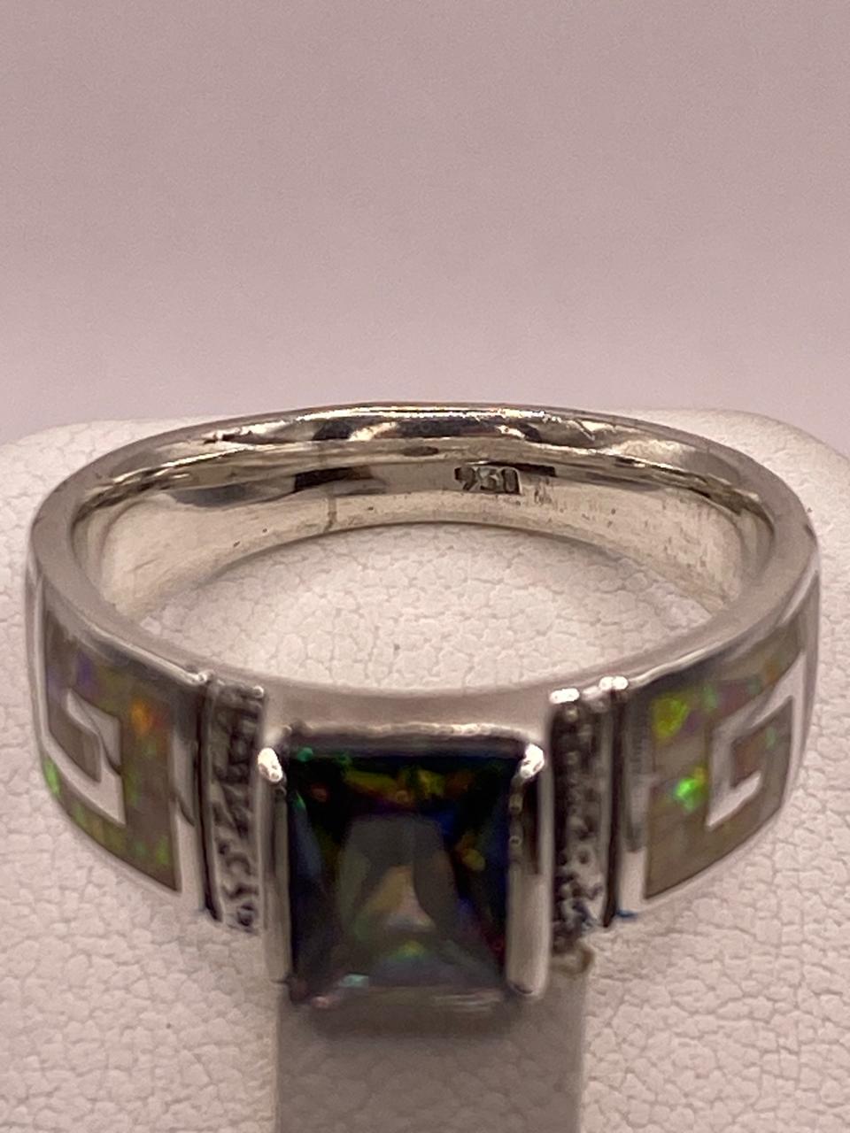 ANILLO DE PLATA .950 CON ÓPALO DE FUEGO Y ZIRCONIA DISEÑO GRECA ELEGANTE 💎
