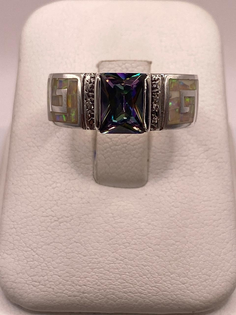 ANILLO DE PLATA .950 CON ÓPALO DE FUEGO Y ZIRCONIA DISEÑO GRECA ELEGANTE 💎