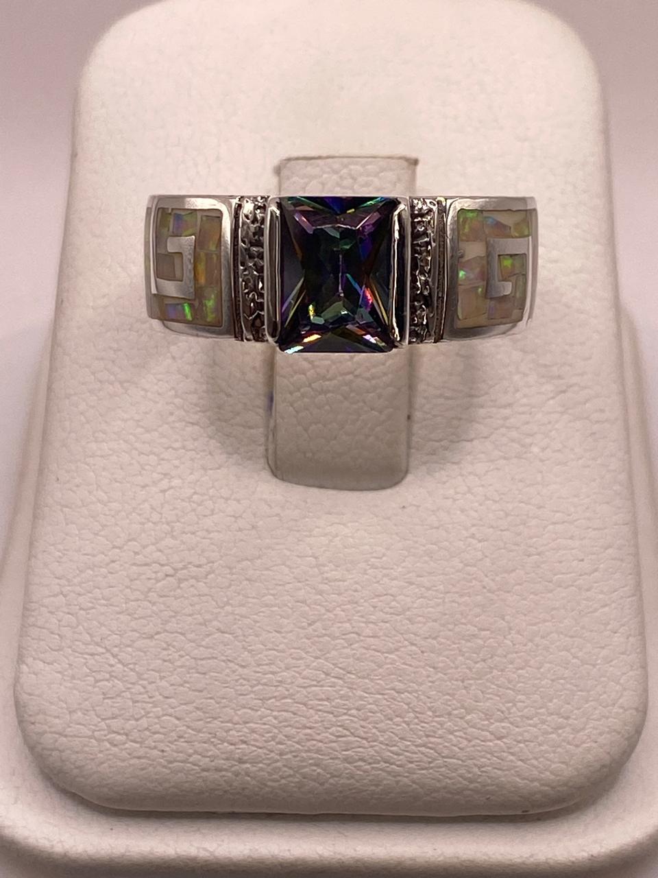 ANILLO DE PLATA .950 CON ÓPALO DE FUEGO Y ZIRCONIA DISEÑO GRECA ELEGANTE 💎