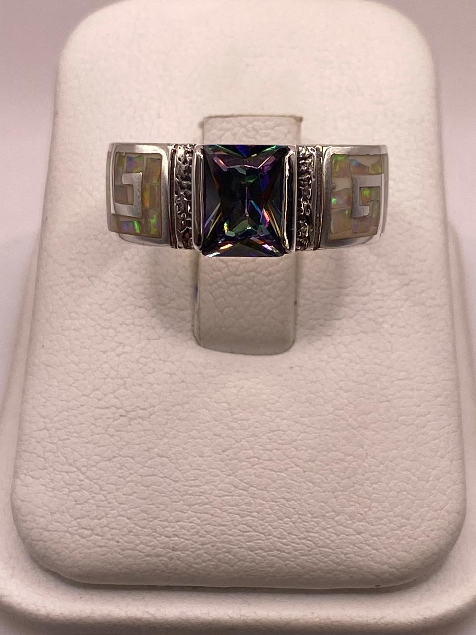 ANILLO DE PLATA .950 CON ÓPALO DE FUEGO Y ZIRCONIA DISEÑO GRECA ELEGANTE 💎