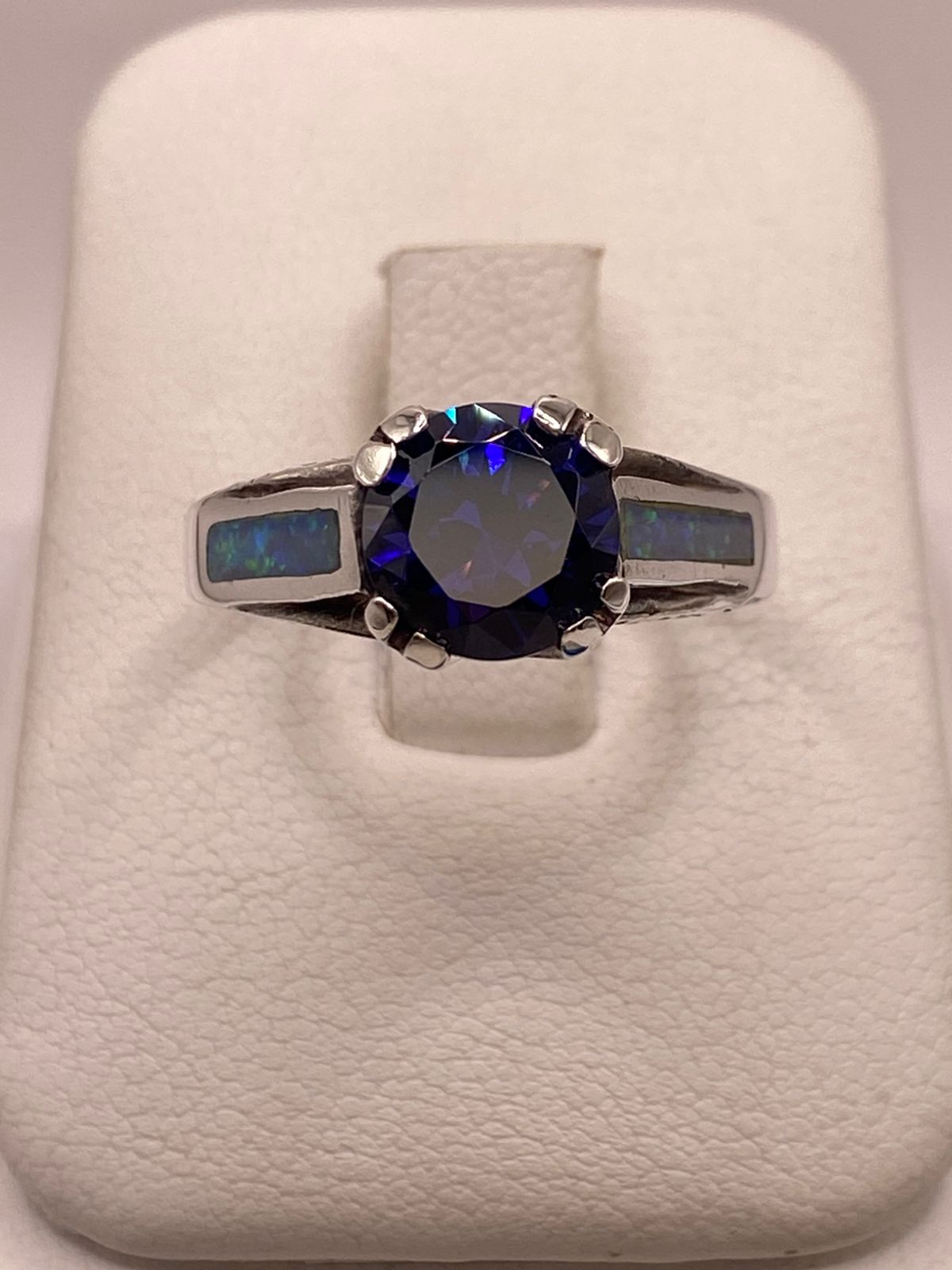 💙 ANILLO DE PLATA .950 CON ZIRCONIA AZUL Y ÓPALO DE FUEGO  DISEÑO SOLITARIO