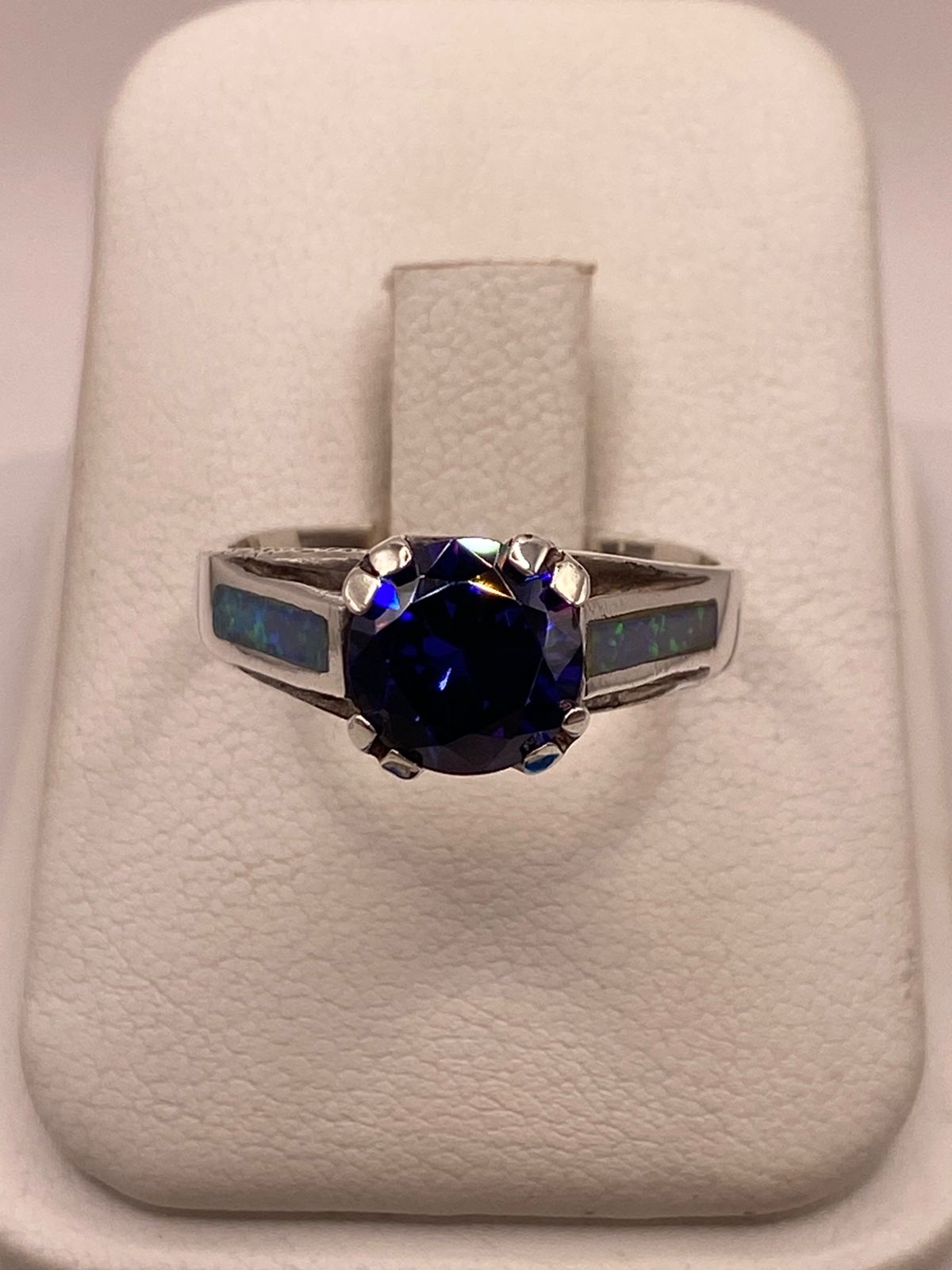 💙 ANILLO DE PLATA .950 CON ZIRCONIA AZUL Y ÓPALO DE FUEGO  DISEÑO SOLITARIO