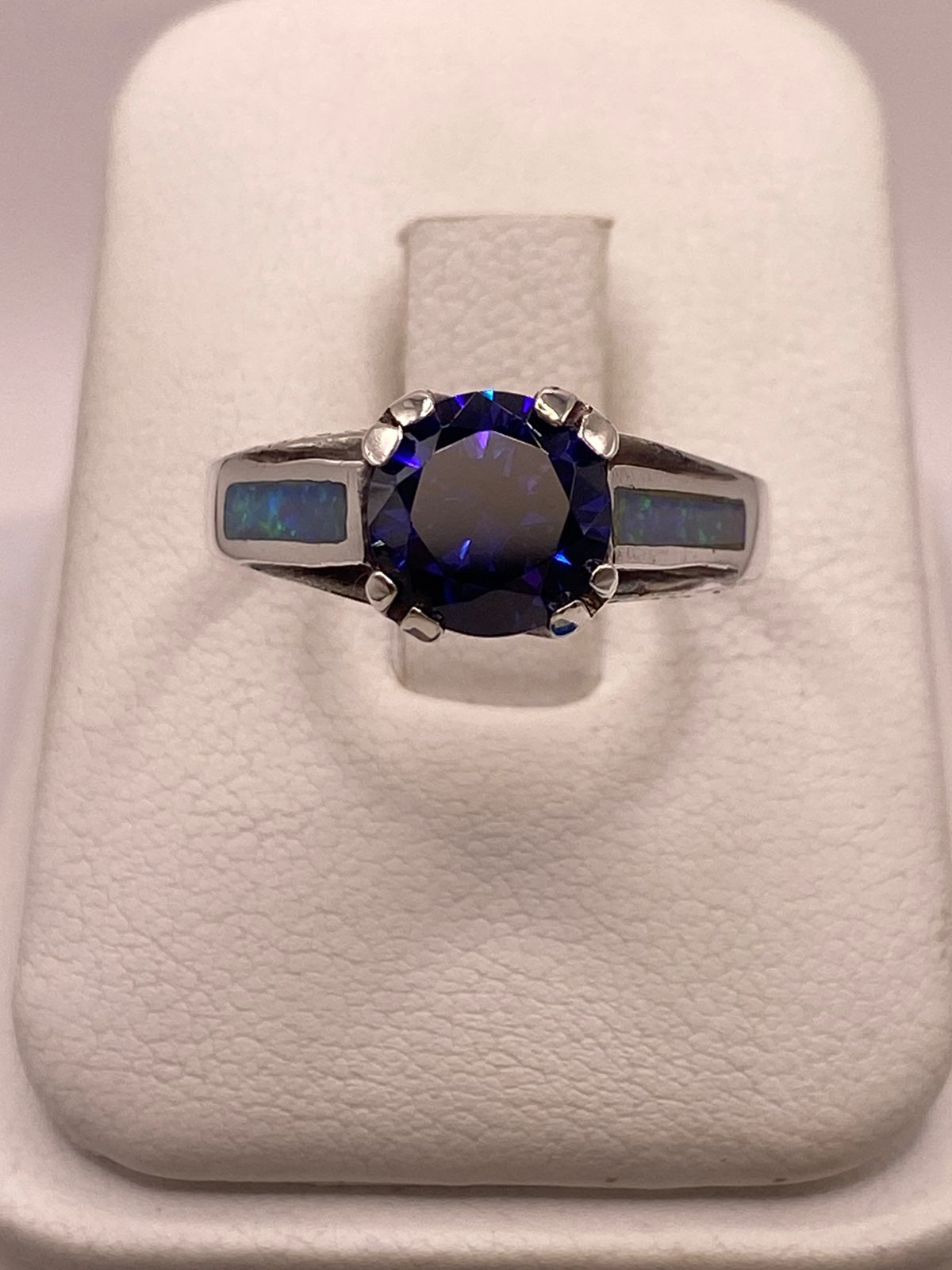 💙 ANILLO DE PLATA .950 CON ZIRCONIA AZUL Y ÓPALO DE FUEGO  DISEÑO SOLITARIO