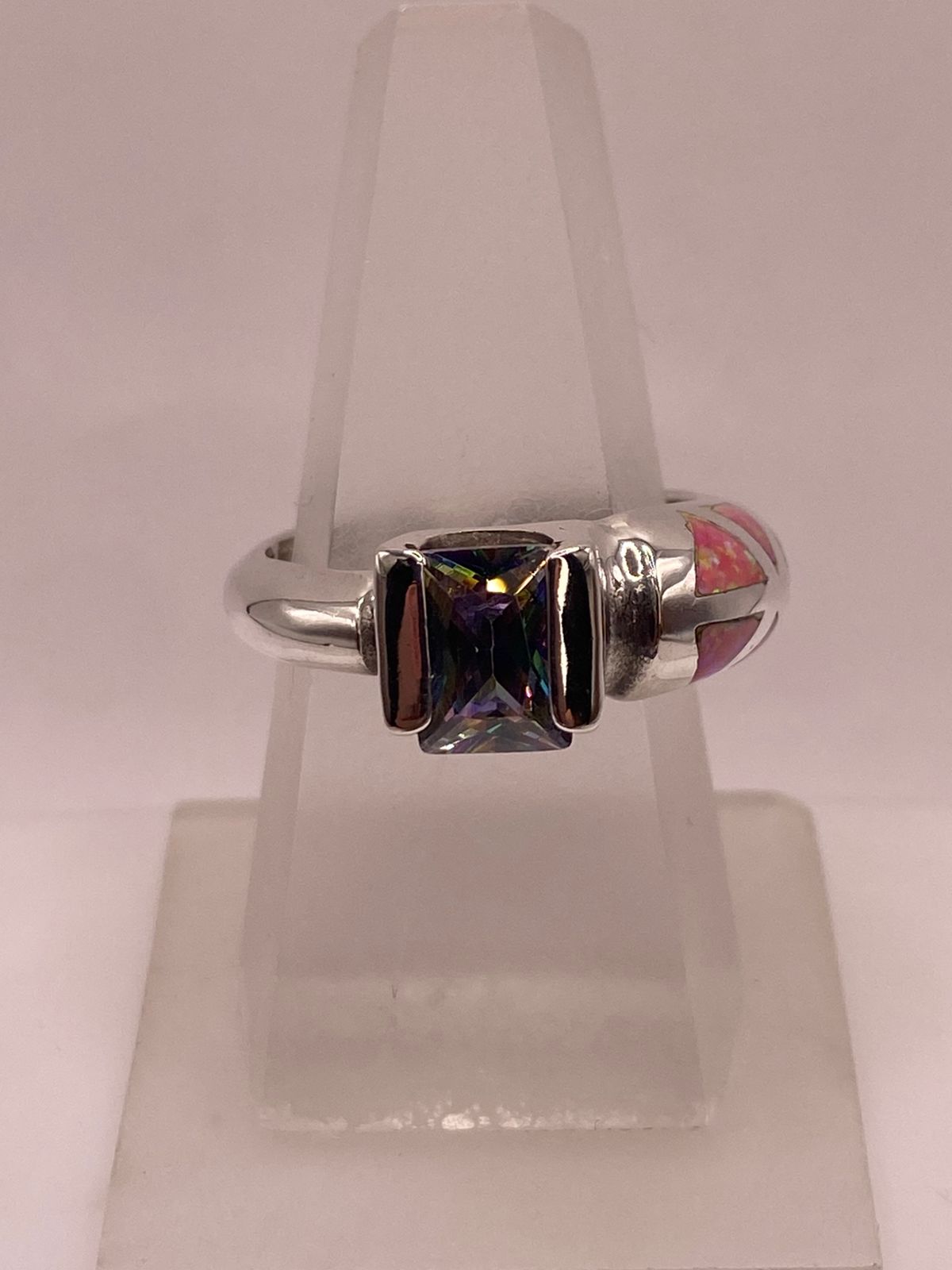 💗 ANILLO DE PLATA .950 CON ZIRCONIA MULTICOLOR Y ÓPALO DE FUEGO ROSA DISEÑO ABIERTO MODERNO