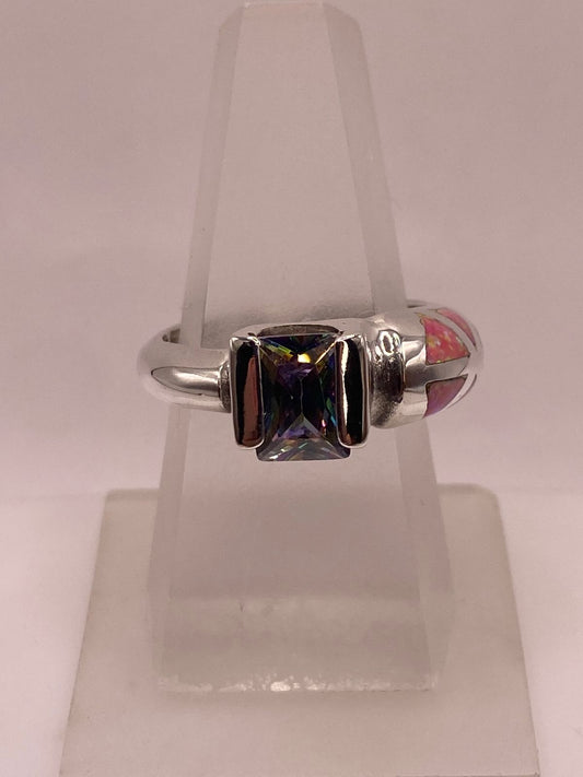 💗 Anillo de Plata .950 con Zirconia Multicolor y Ópalo de Fuego Rosa Diseño Abierto Moderno — ángulo diagonal