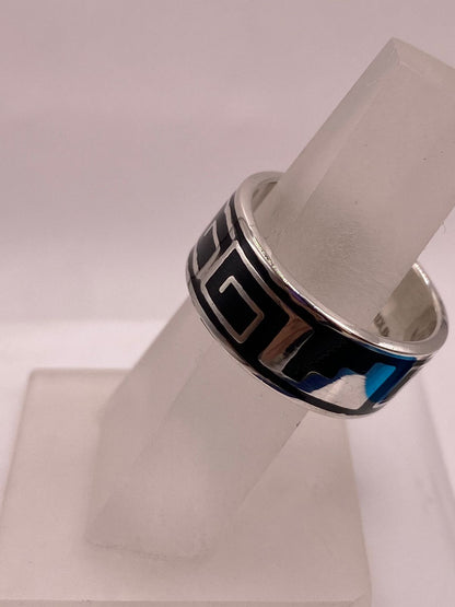 Anillo de Plata .925 con Obsidiana y Greca Prehispánica, vista lateral