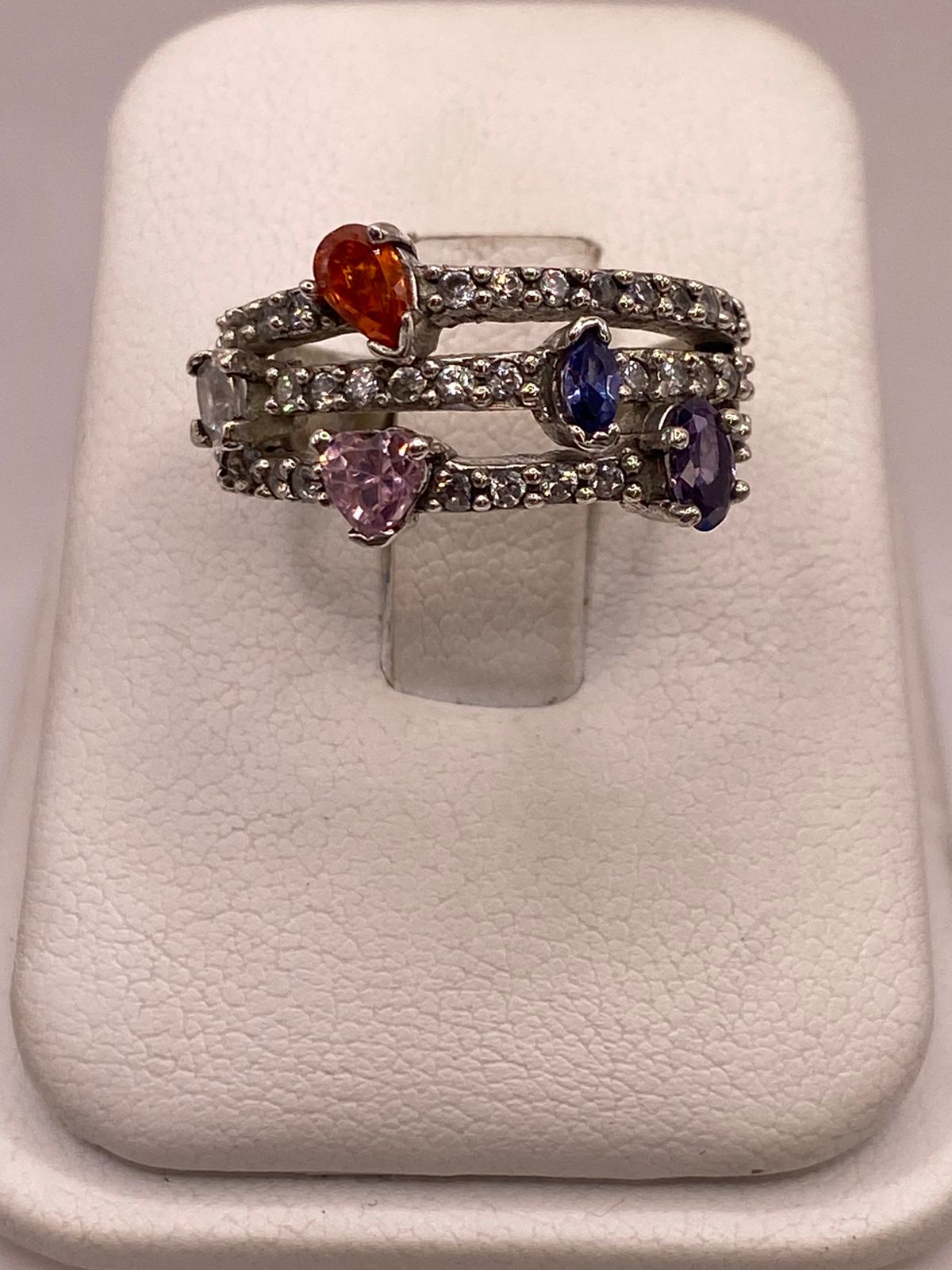 ANILLO DE PLATA 925 CON ZIRCONIAS MULTICOLOR DISEÑO TRIPLE BANDA ELEGANTE