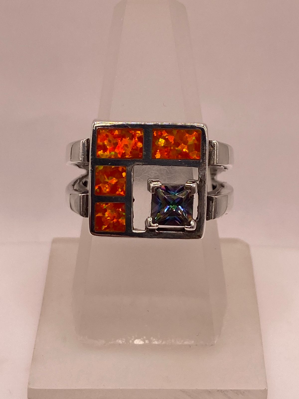 🔥 ANILLO DE PLATA .950 CON ÓPALO DE FUEGO Y ZIRCONIA MULTICOLOR  DISEÑO GEOMÉTRICO