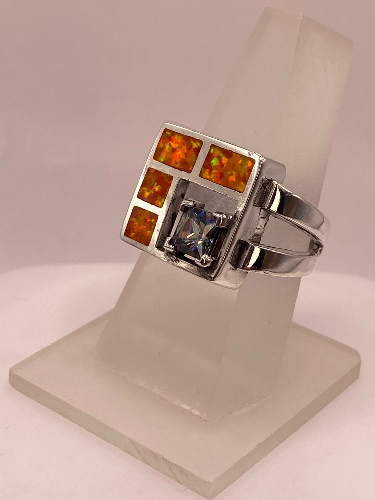 🔥 ANILLO DE PLATA .950 CON ÓPALO DE FUEGO Y ZIRCONIA MULTICOLOR  DISEÑO GEOMÉTRICO