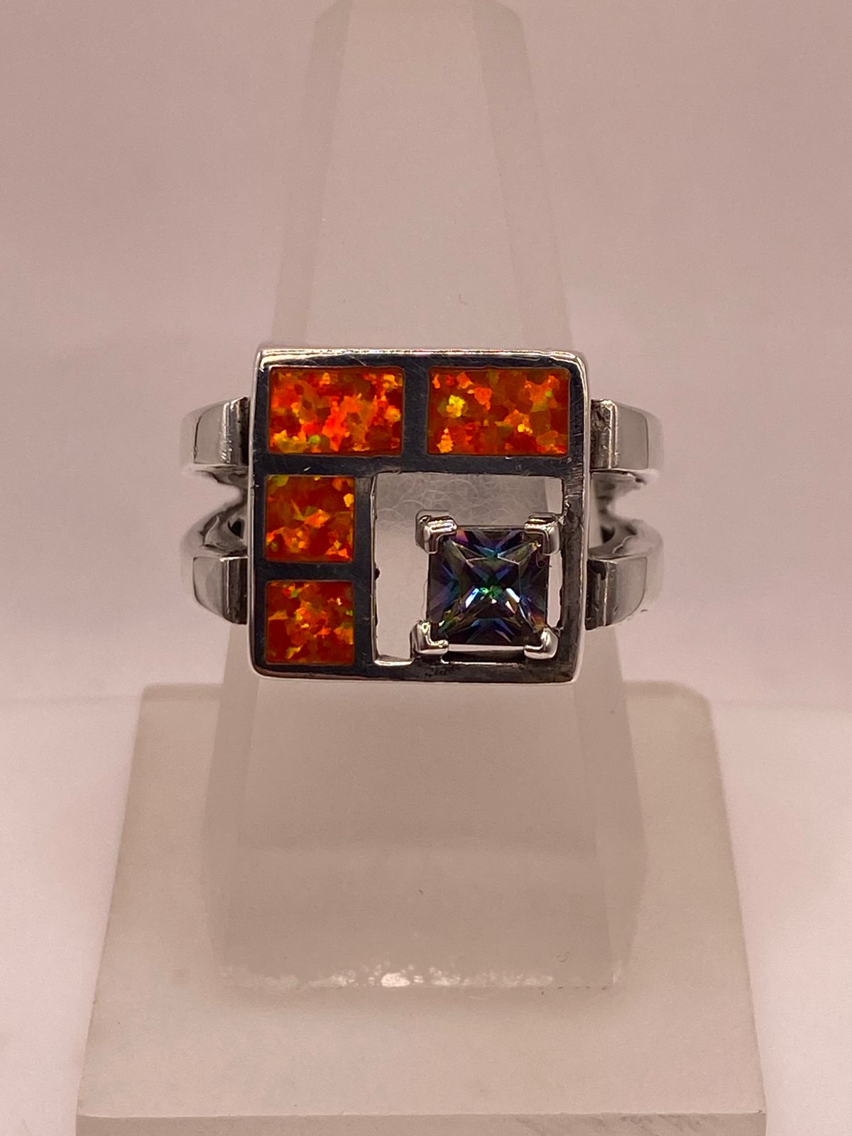 🔥 ANILLO DE PLATA .950 CON ÓPALO DE FUEGO Y ZIRCONIA MULTICOLOR  DISEÑO GEOMÉTRICO