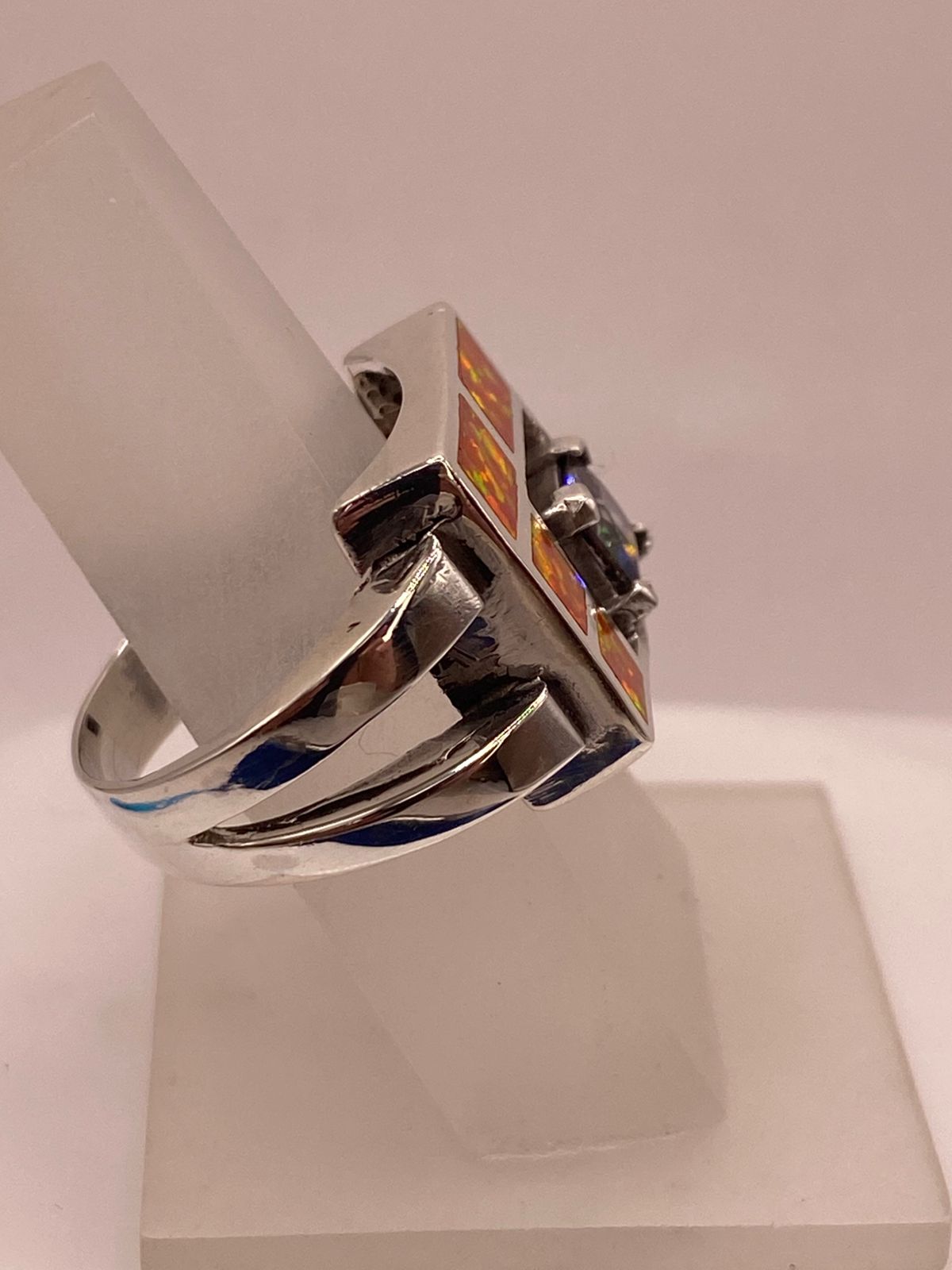 🔥 ANILLO DE PLATA .950 CON ÓPALO DE FUEGO Y ZIRCONIA MULTICOLOR  DISEÑO GEOMÉTRICO