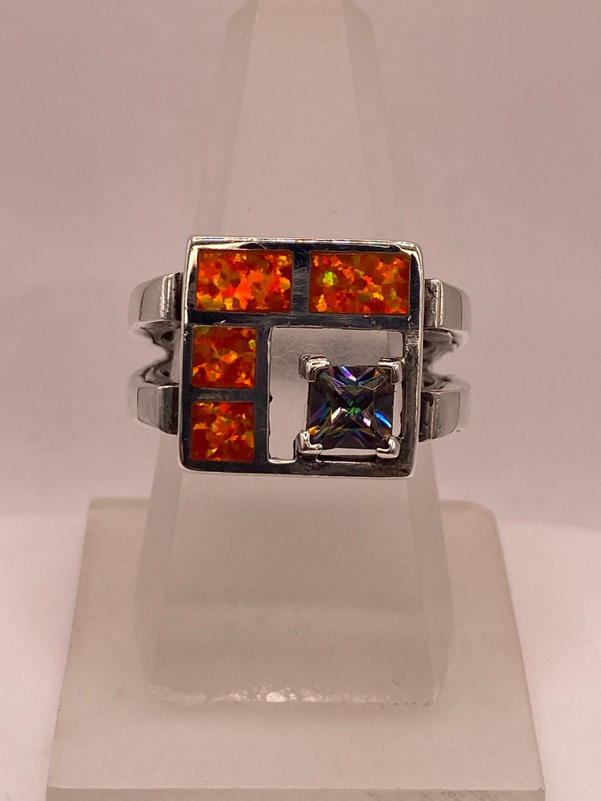 🔥 ANILLO DE PLATA .950 CON ÓPALO DE FUEGO Y ZIRCONIA MULTICOLOR  DISEÑO GEOMÉTRICO