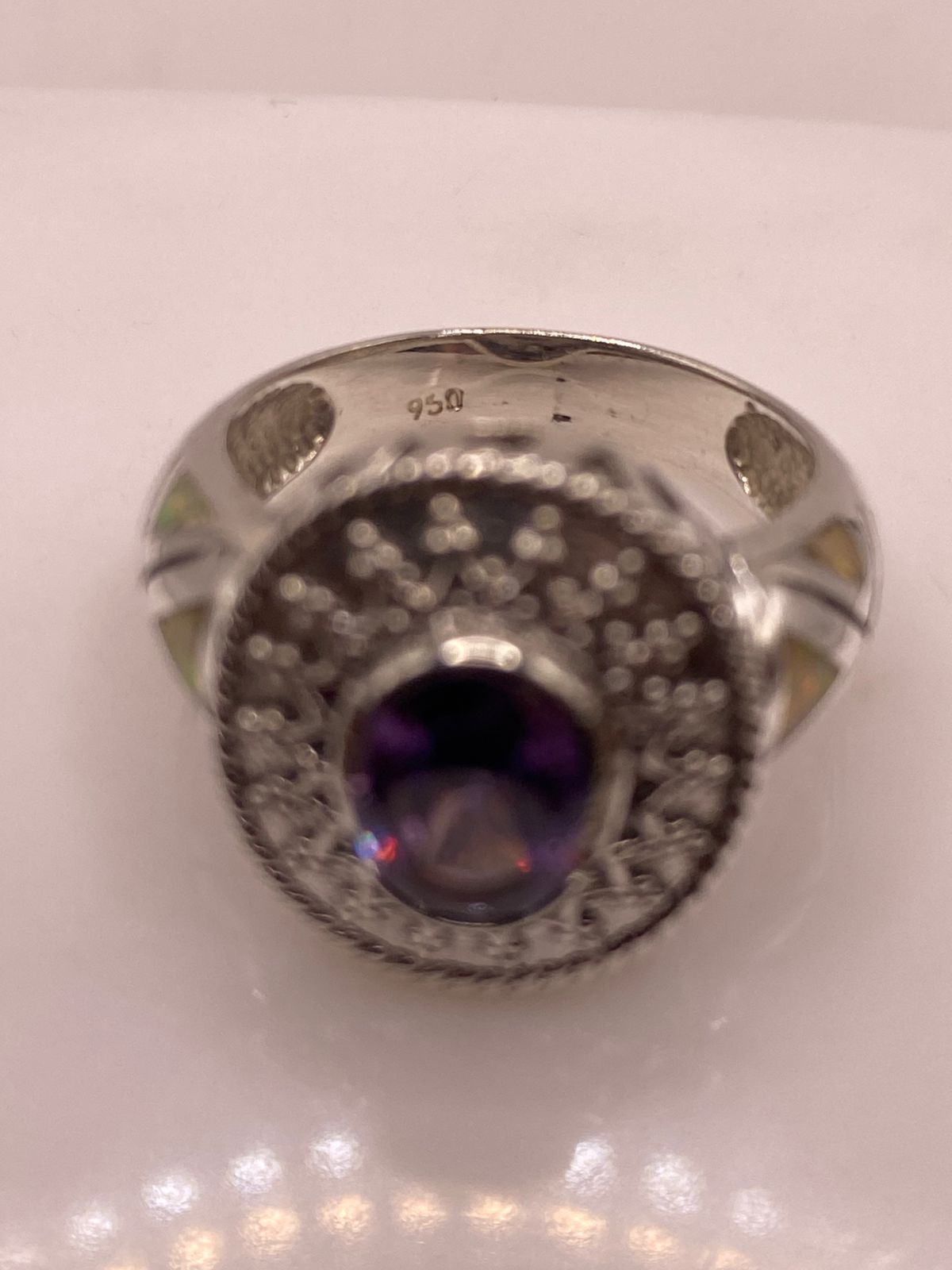 ANILLO DE PLATA .950 CON ZIRCONIA VIOLETA Y ÓPALO DE FUEGO DISEÑO REAL