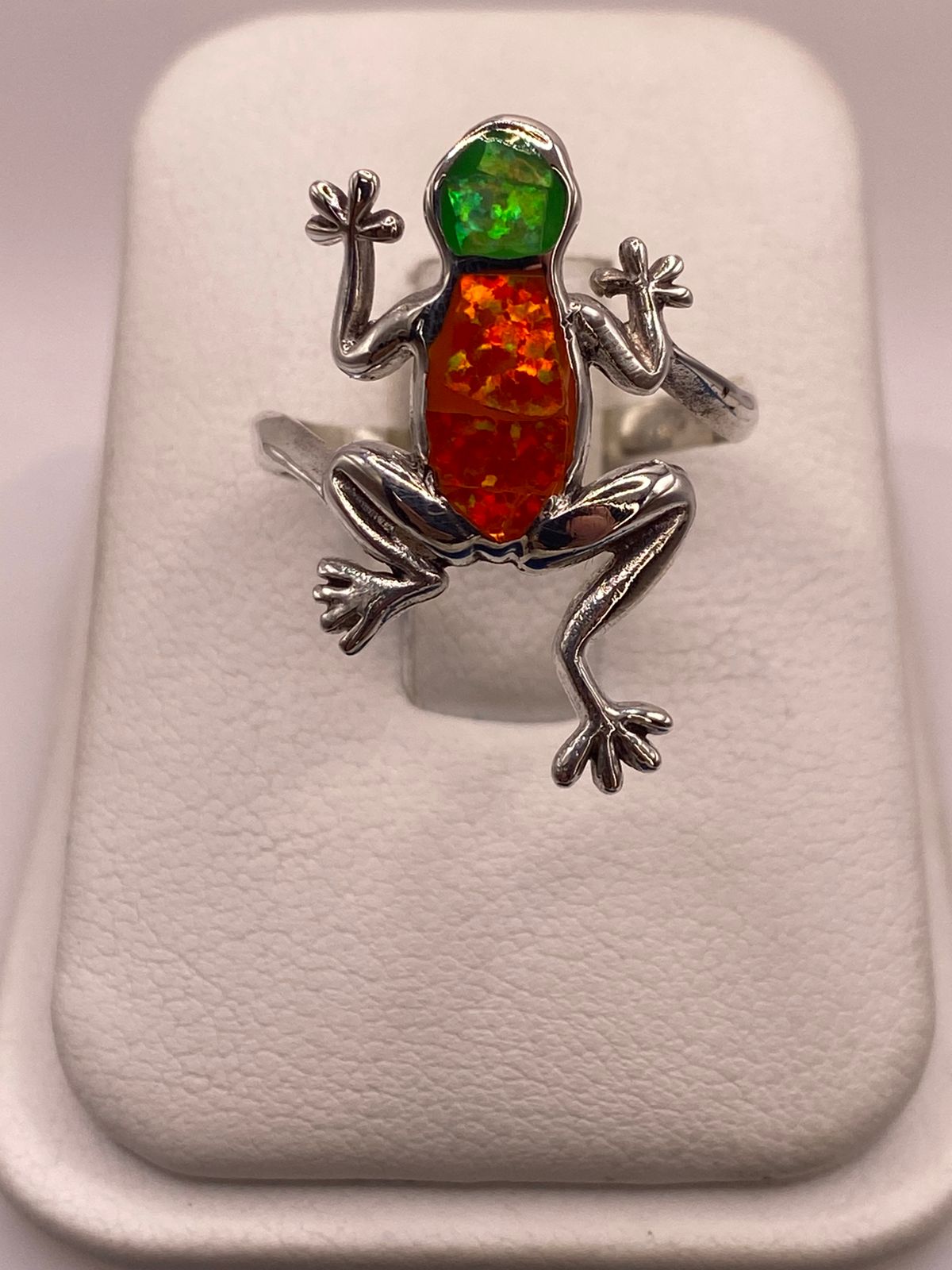 ANILLO DE RANA DE PLATA LEY 950 CON ÓPALO DE FUEGO