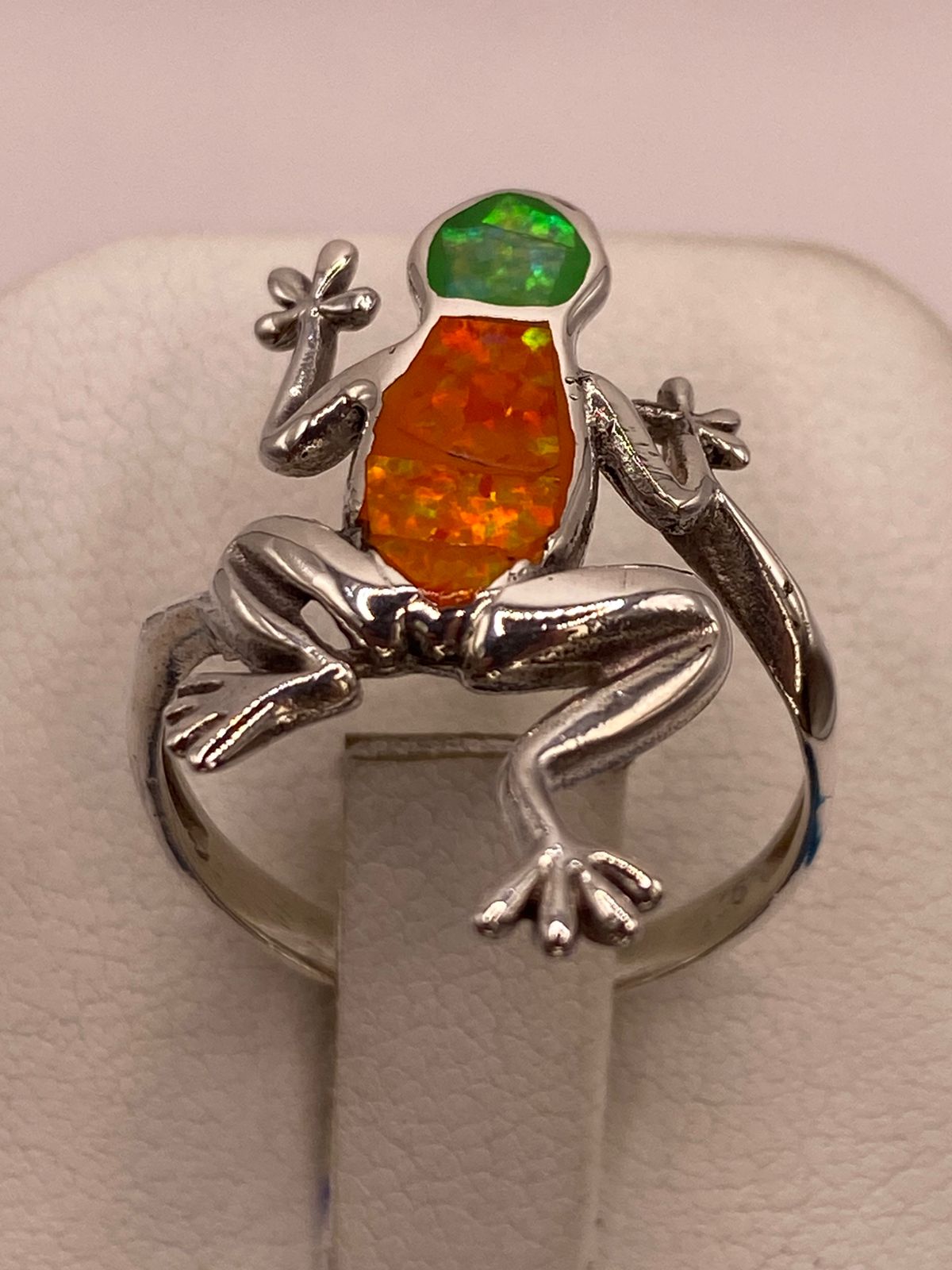 ANILLO DE RANA DE PLATA LEY 950 CON ÓPALO DE FUEGO