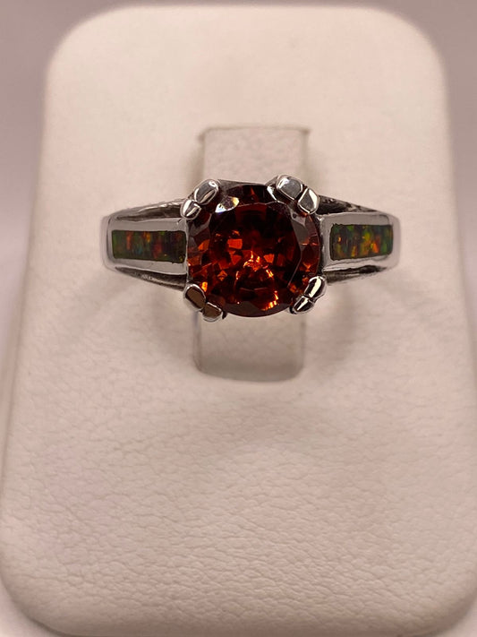 🧡 Anillo Solitario de Plata .950 con Zirconia Naranja y Ópalo de Fuego