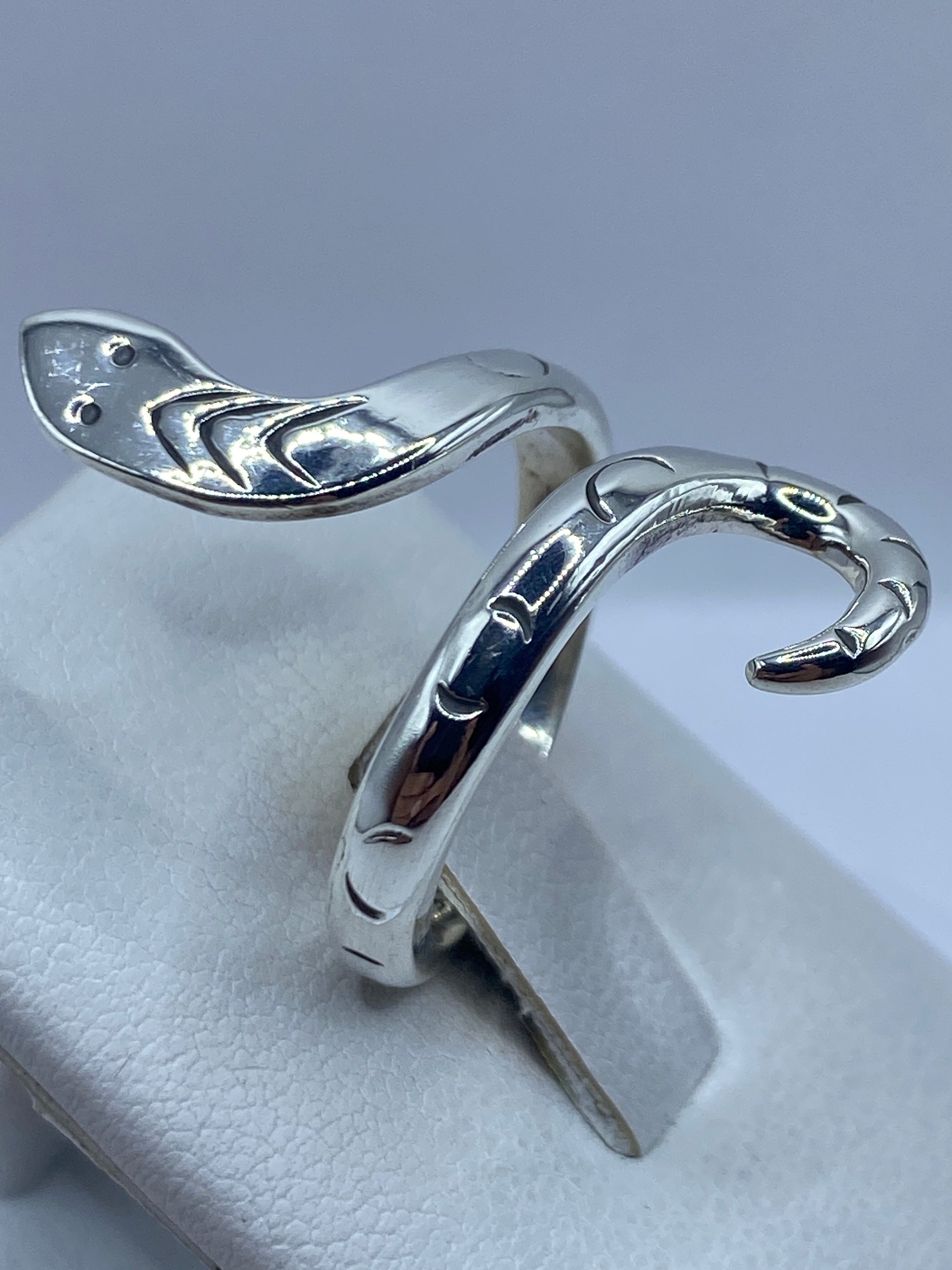 Anillo serpiente puesto en dedo, demostrando presencia y movimiento visual