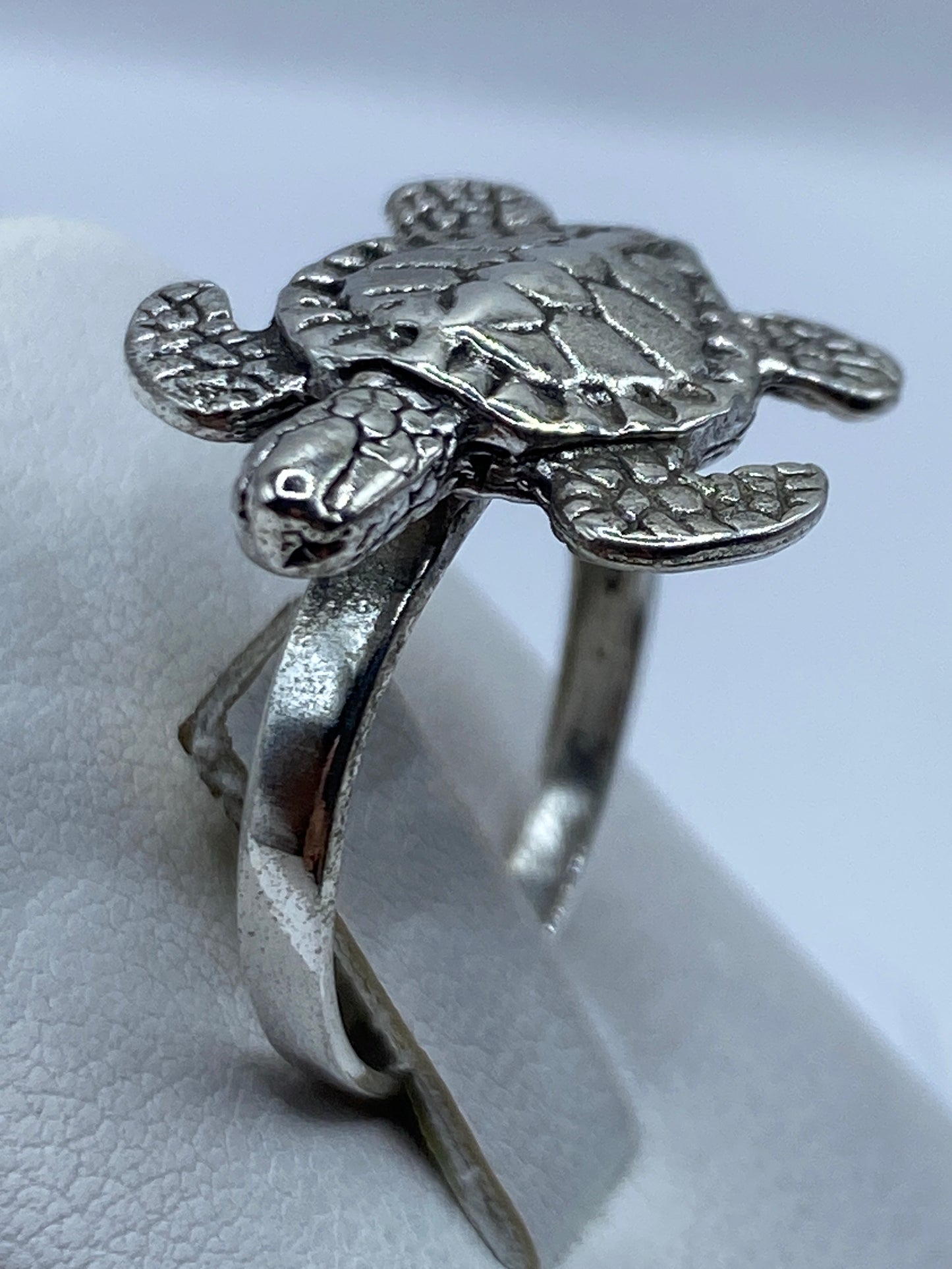 Detalle lateral del anillo mostrando el grabado profundo de la tortuga