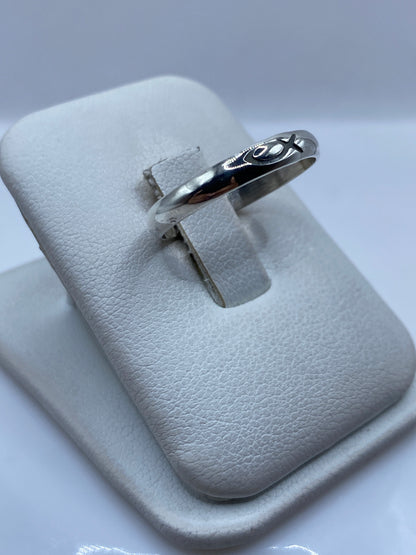 Detalle lateral del anillo sello en plata pulida sobre dedo