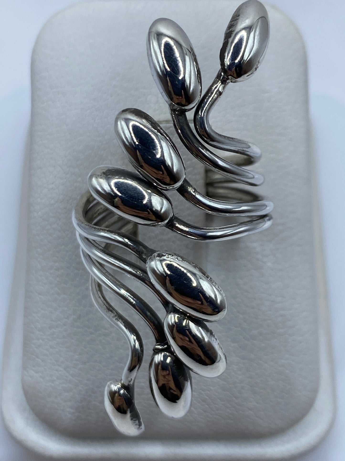 Anillo de plata ajustable con flores botánicas en detalle sobre estuche blanco
