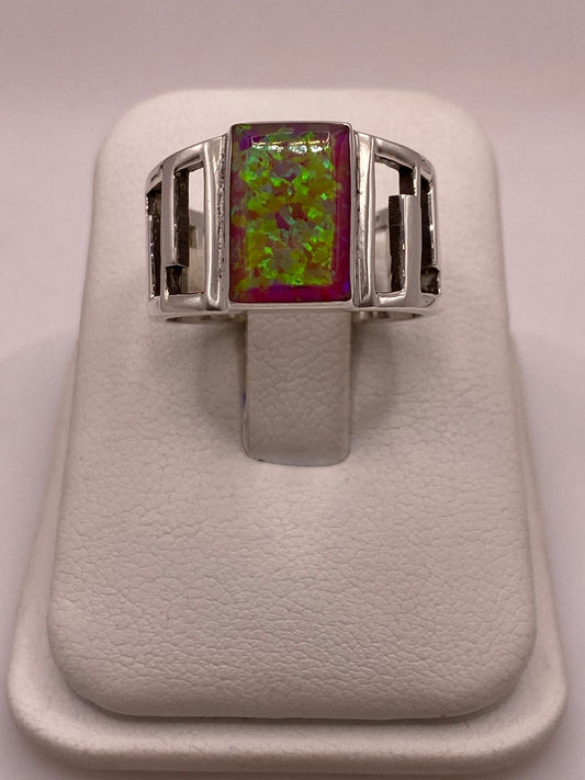 Anillo Ancho con Ópalo de Fuego Rosa, Amarillo y Verde en Plata .950