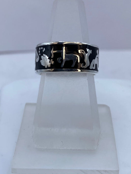 🗿 Anillo Arte Rupestre de Plata .925 con Obsidiana Negra