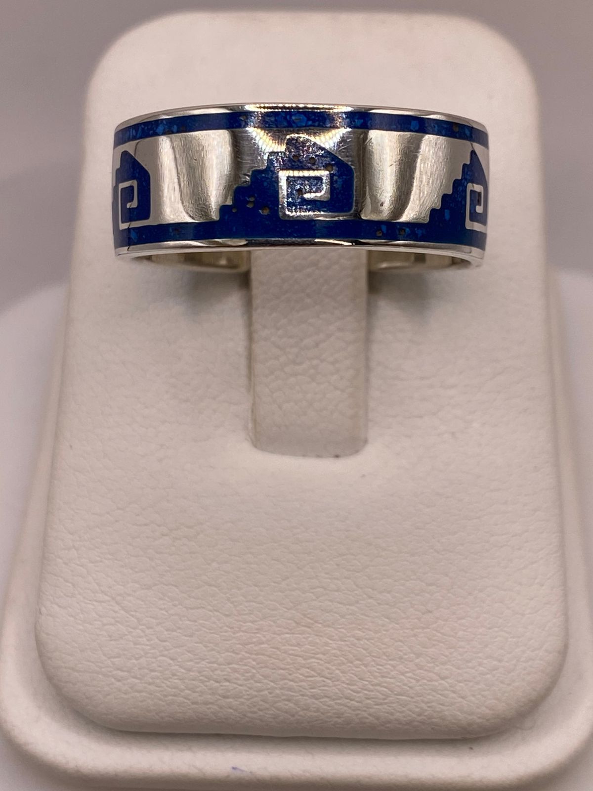 Anillo Artesanal con Greca Azul Esmaltada en Plata