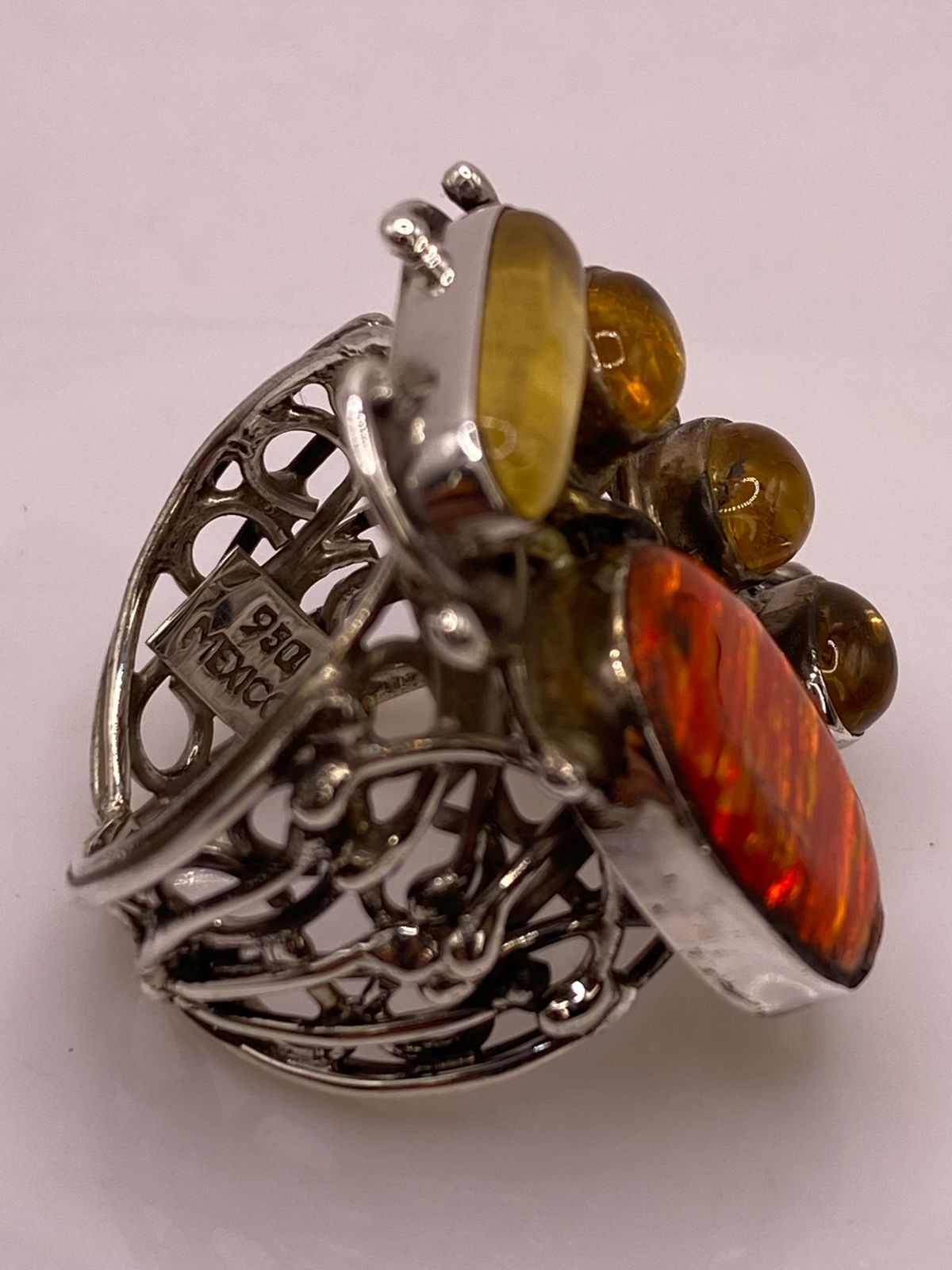 Anillo Artesanal con Ópalo de Fuego y Ámbar en Plata .950