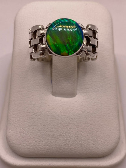 Anillo Artesanal con Ópalo de Fuego Verde en Plata .950, vista frontal