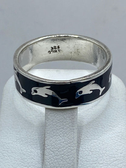 Anillo Artesanal de Plata .925 con Ónix Negro – Diseño Delfines Marinos, sello de autenticidad Plata Ley .925