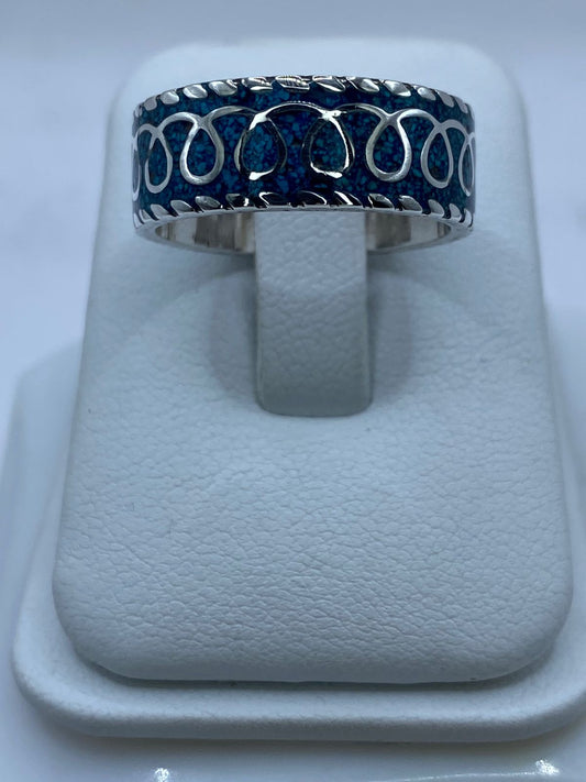Anillo Banda Azul Trenzada en Plata .925 con Turquesa Natural