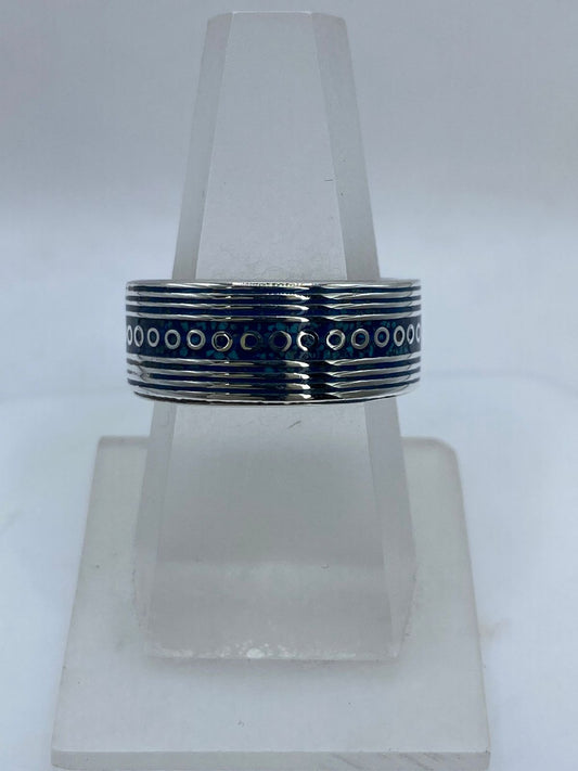 💙⚪ Anillo Banda Líneas y Círculos en Plata .925 con Turquesa Natural