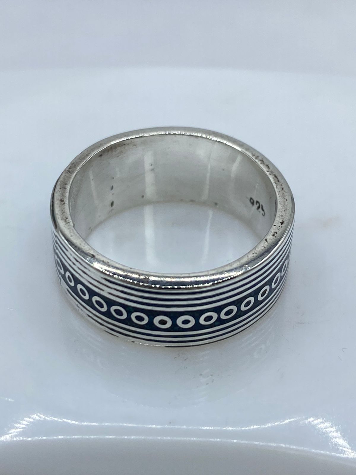 💙⚪ Anillo Banda Líneas y Círculos en Plata .925 con Turquesa Natural