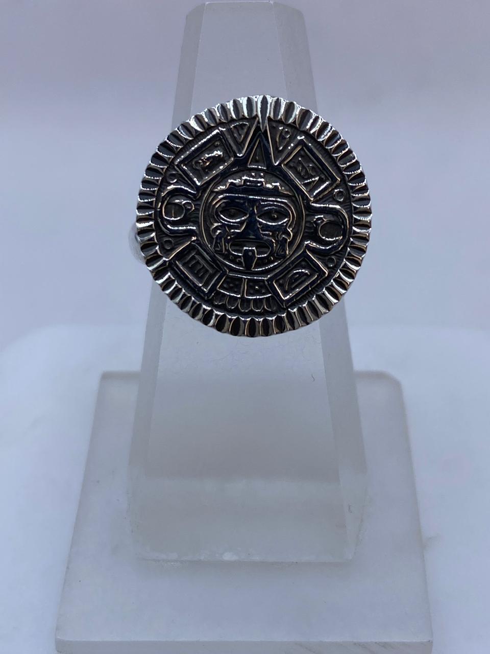 🌞 Anillo Calendario Azteca Ajustable en Plata .925 – Diseño Redondo Prehispánico