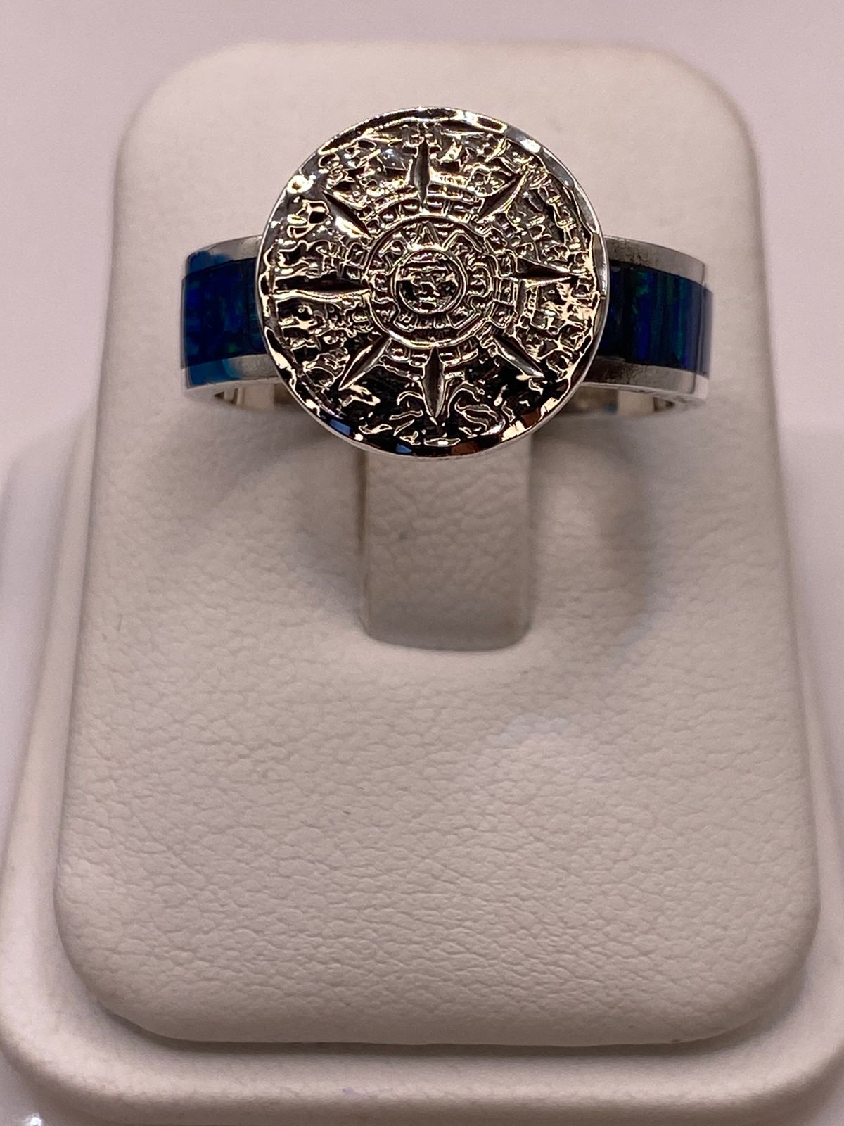 🌞💎 Anillo Calendario Azteca con Ópalo de Fuego en Plata Ley 950