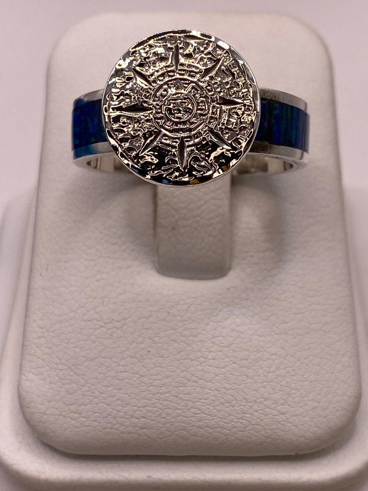 🌞💎 Anillo Calendario Azteca con Ópalo de Fuego en Plata Ley 950