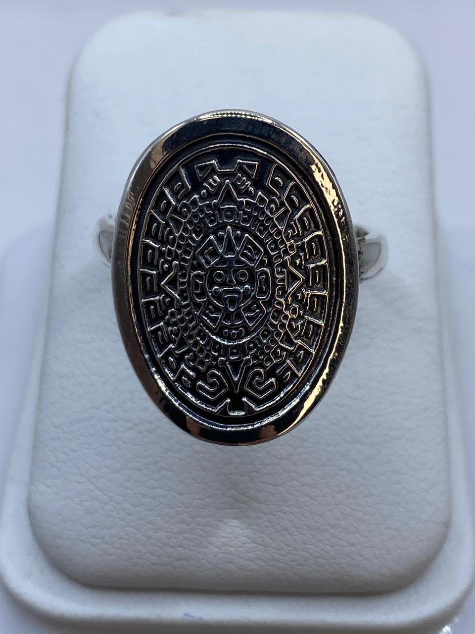 Anillo Calendario Azteca en Plata .925 Diseño Ovalado Prehispánico