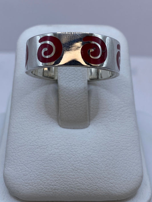 Anillo de Coral Rojo con Espirales en Plata .925