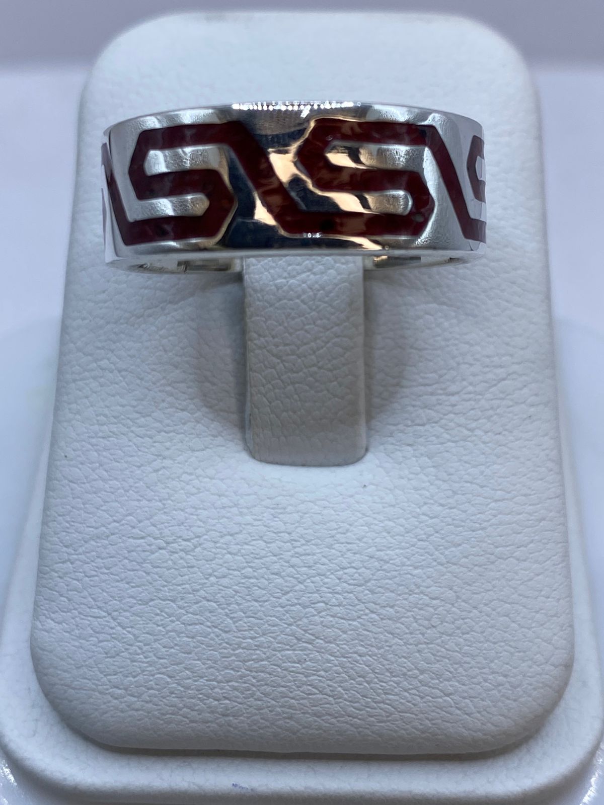 ❤️ Anillo de Coral Rojo con Greca Geométrica en Plata .925