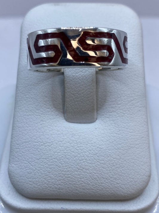 ❤️ Anillo de Coral Rojo con Greca Geométrica en Plata .925