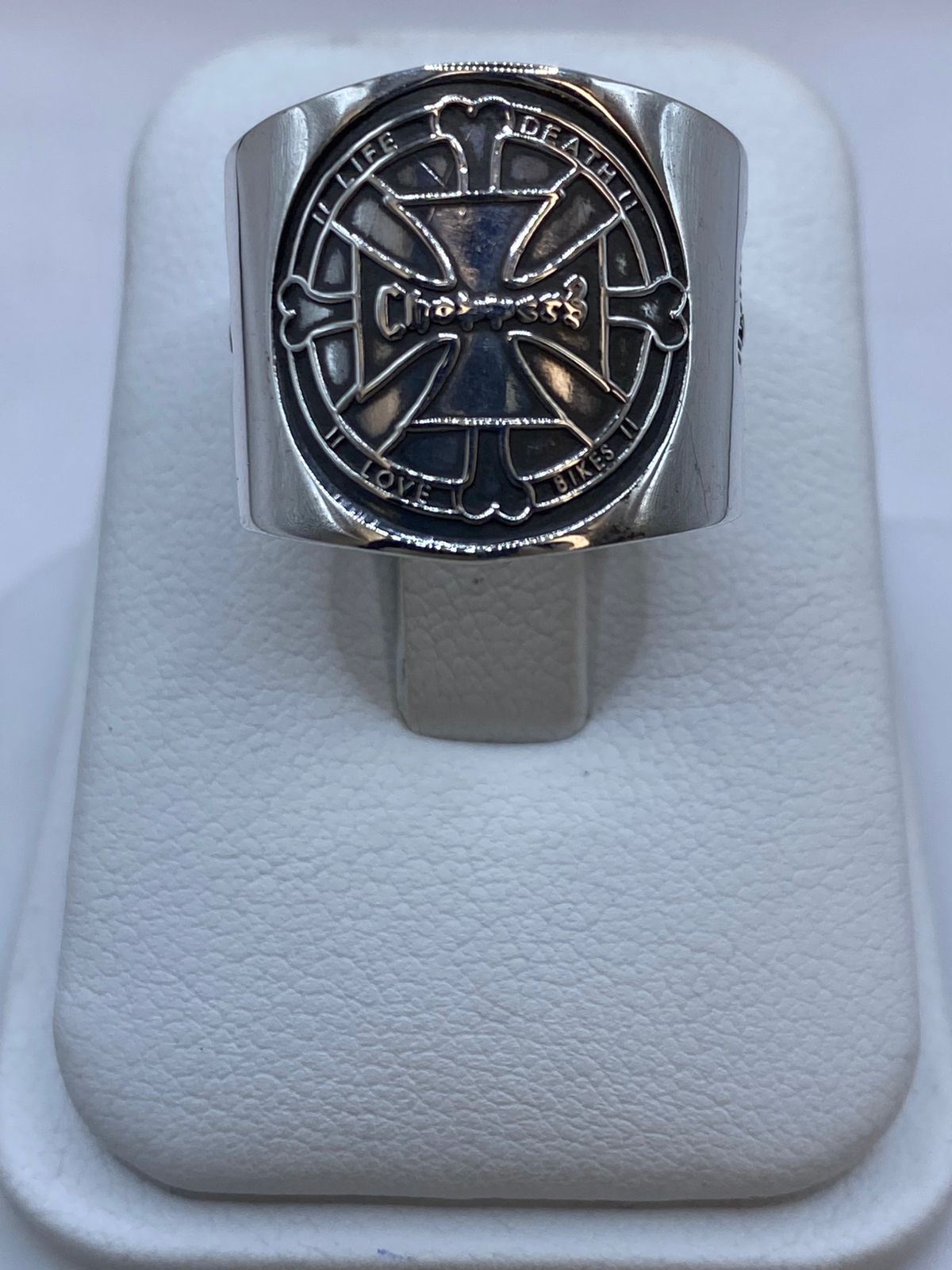 Anillo Cruz Biker “Life Death Love Bikes” en Plata .925 – Diseño Sello Motociclista