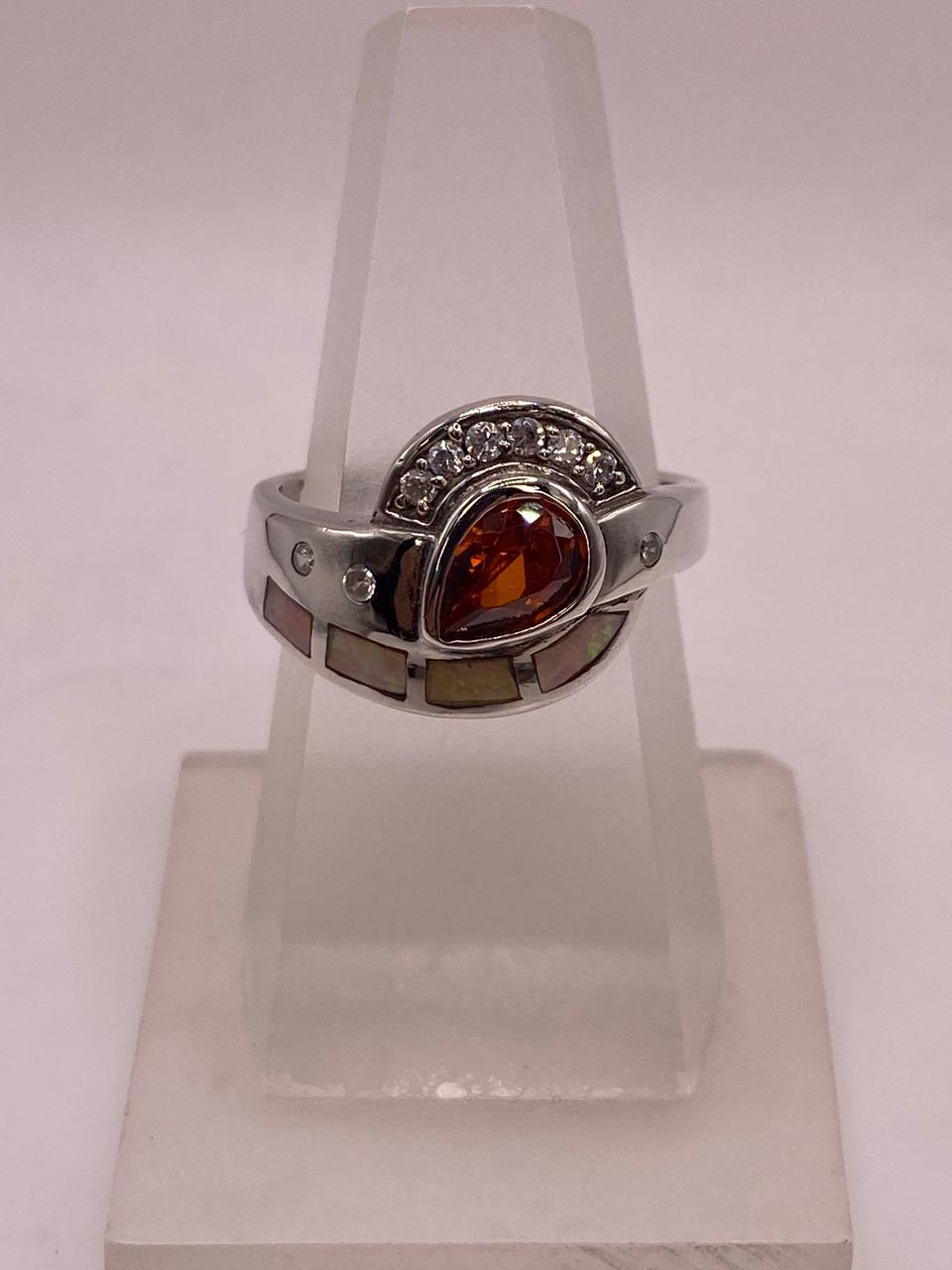 Anillo Diseño Curvo de Plata 925 con Ópalo de Fuego y Zirconia