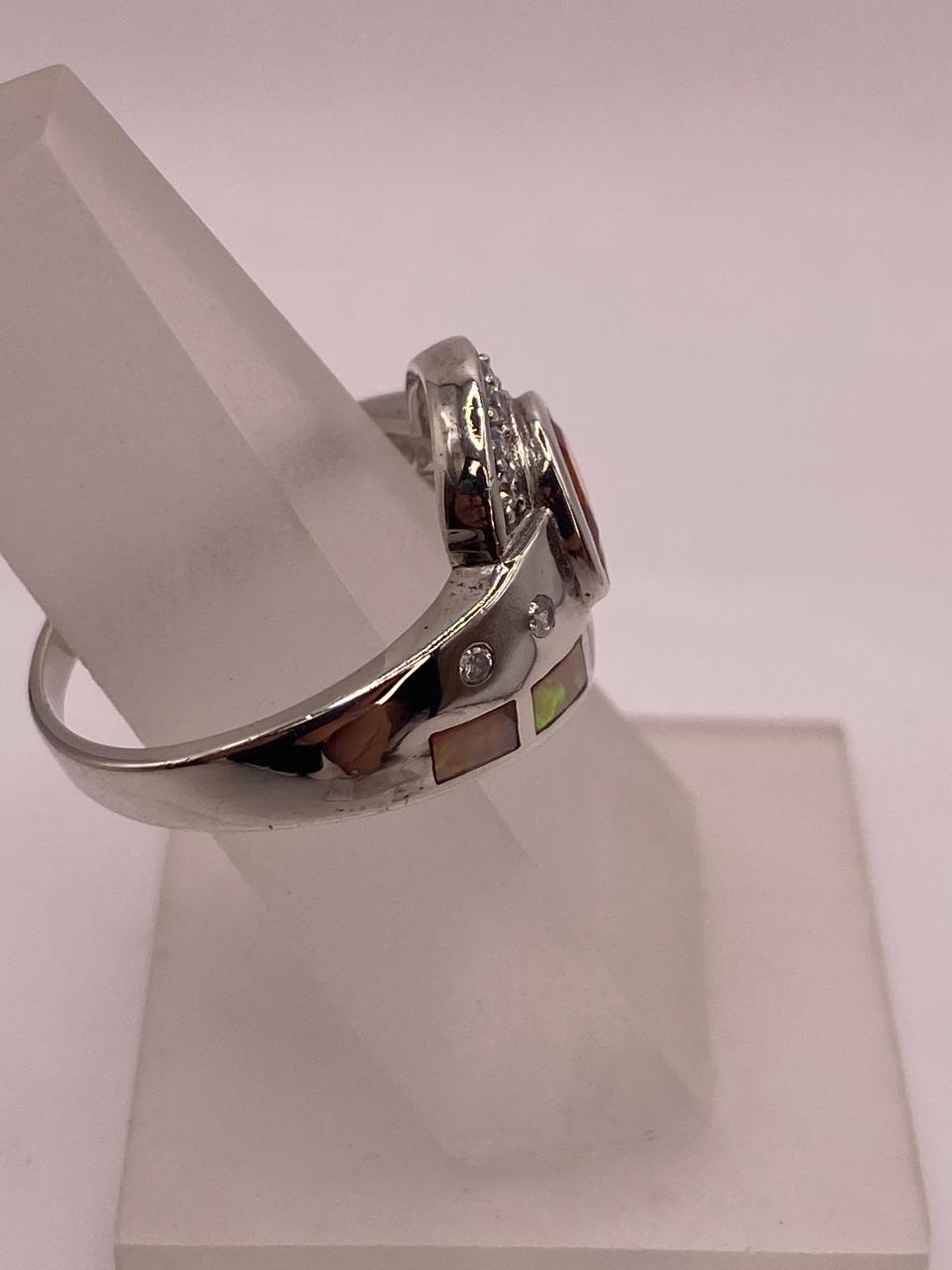 Anillo Diseño Curvo de Plata 925 con Ópalo de Fuego y Zirconia