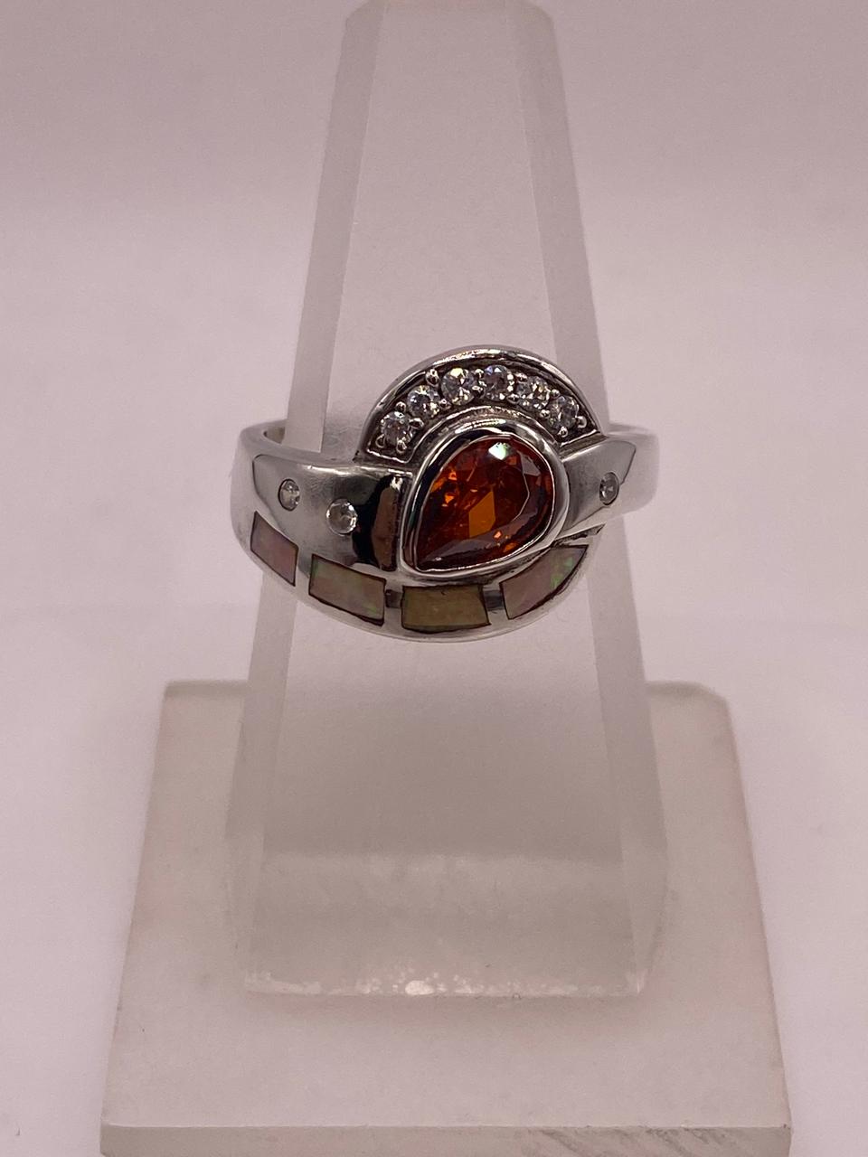 Anillo Diseño Curvo de Plata 925 con Ópalo de Fuego y Zirconia