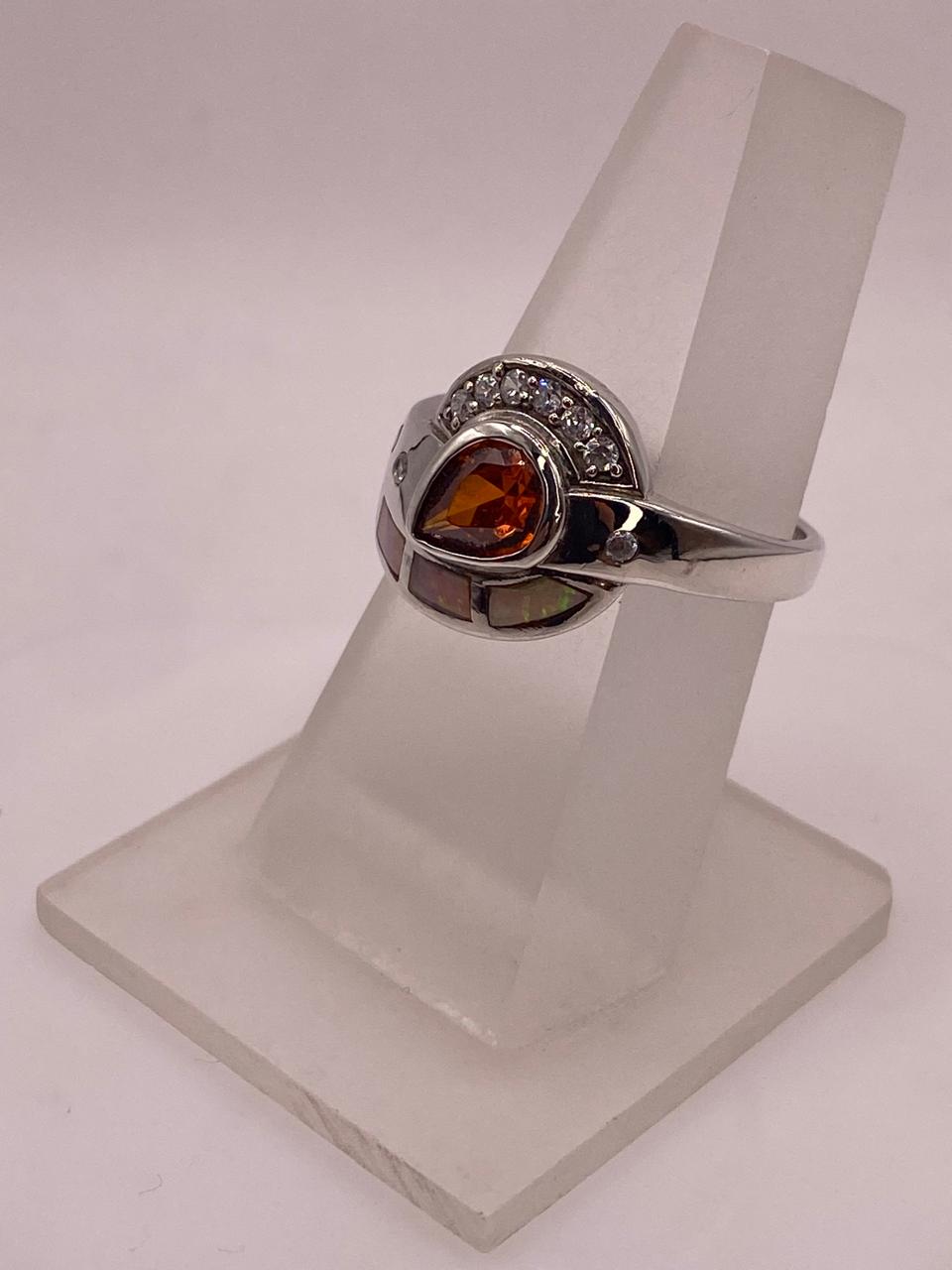 Anillo Diseño Curvo de Plata 925 con Ópalo de Fuego y Zirconia